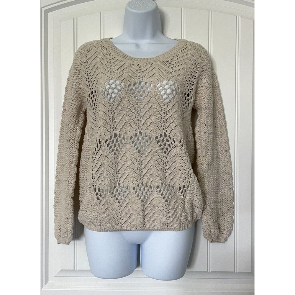 Jeanne Pierre Womens Size M Medium Open Knit Sweater Ivory Long Sleeve